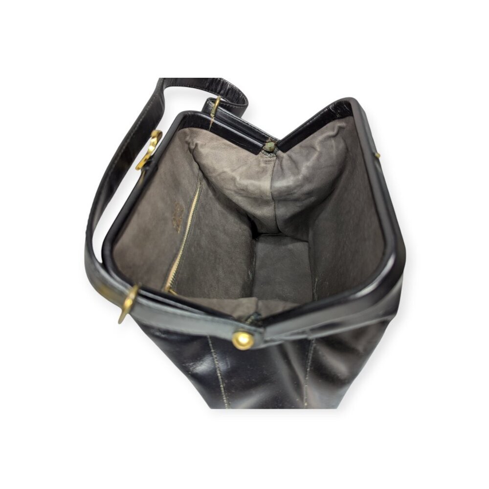 Vintage Leather Black Handbag with Gold Tone Metal Clasp Closure Leather Lined - Picture 11 of 16
